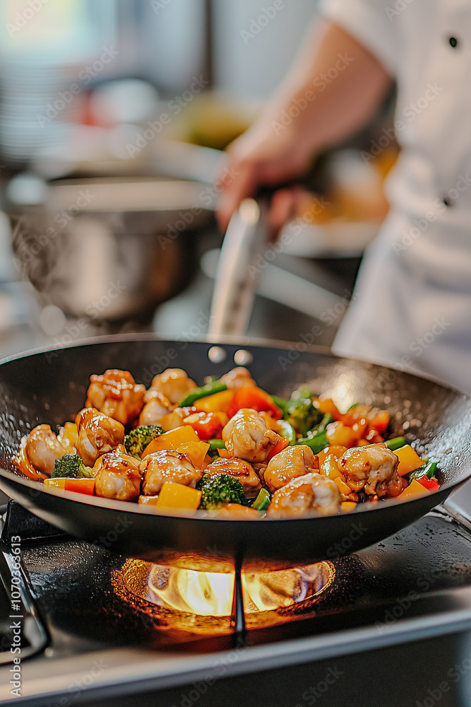 A chef is cooking food in a wok with a lot of vegetables and meat A chef is cooking food in a wok with a lot of vegetables and meat