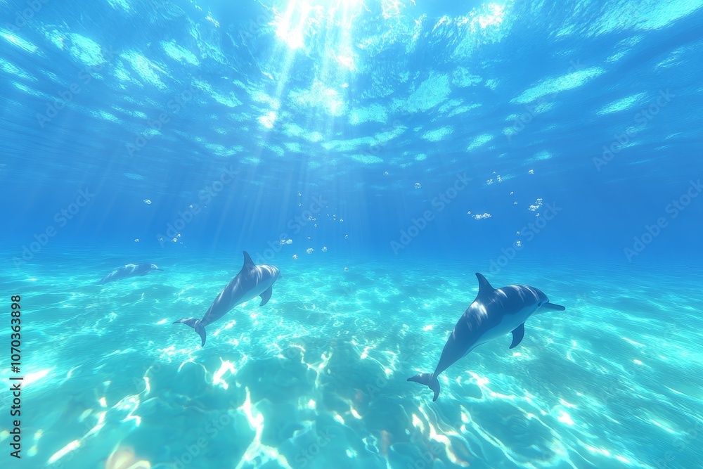 Dolphins swimming gracefully in transparent blue waters during a sunlit afternoon in the ocean Dolphins swimming gracefully in transparent blue waters during a sunlit afternoon in the ocean
