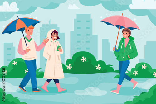 People Walking with Umbrellas in a Rainy Park