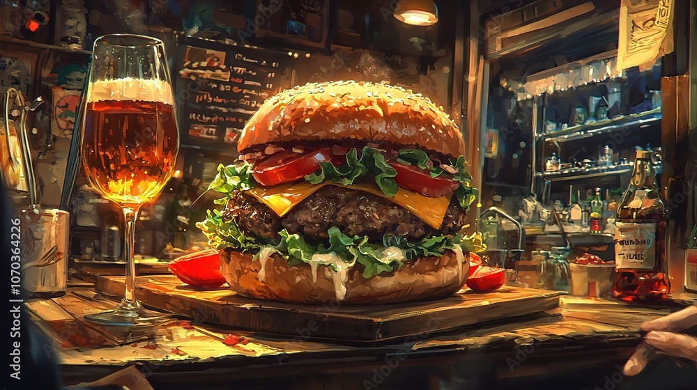 Delicious Burger with Beer in Cozy Bar Setting Delicious Burger with Beer in Cozy Bar Setting