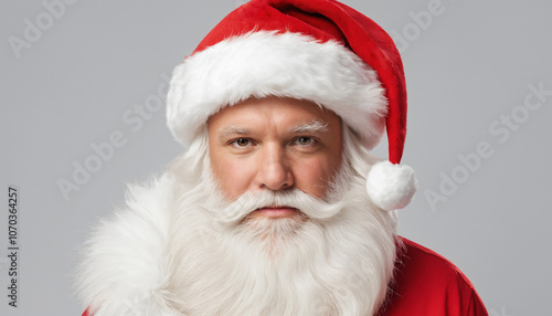 Man wearing Santa Claus costume with red hat and white beard on grey background. Studio portrait. Christmas holiday concept. Design for greeting card, invitation, poster, banner, and print.