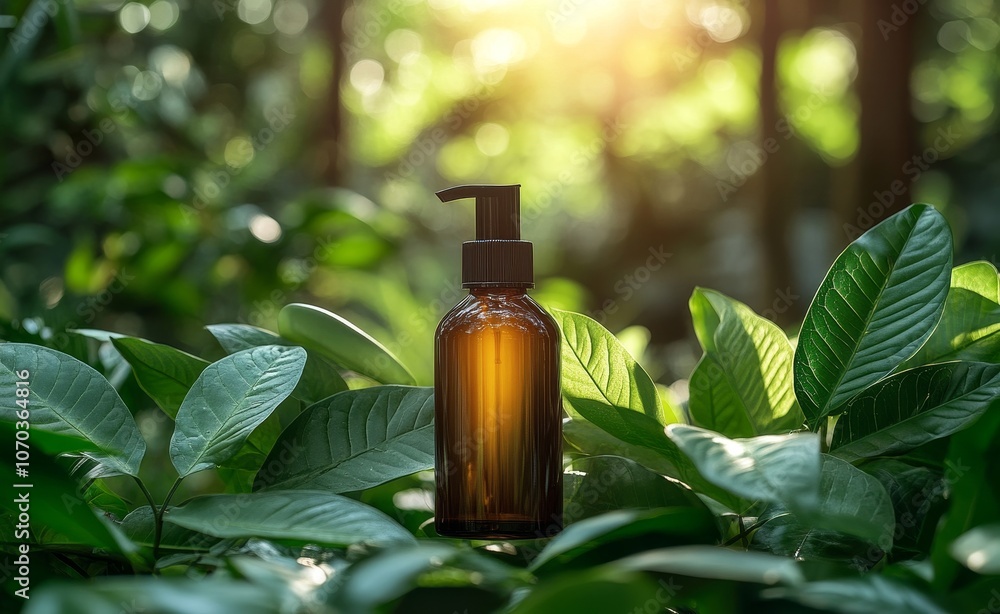 In lush greenery, this elegant glass bottle rests elegantly on a wooden log. In lush greenery, this elegant glass bottle rests elegantly on a wooden log.