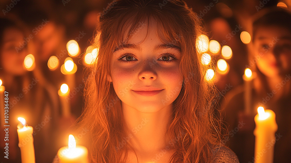 A young girl smiles warmly while holding a candle during a candlelit ceremony at dusk with others in the background A young girl smiles warmly while holding a candle during a candlelit ceremony at dusk with others in the background