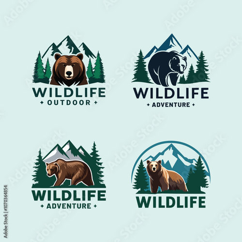 Illustrations of wildlife outdoor Logo with a bear and mountains