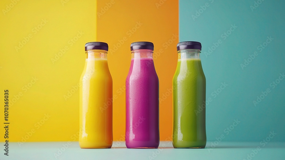 Colorful Juice Bottles on Vibrant Background Colorful Juice Bottles on Vibrant Background