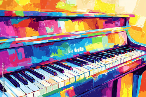 A vibrant pop art-style piano featuring bold, colorful splashes across its surface and keys. The abstract design adds a dynamic, modern touch perfect for artistic, music-themed concept. Generative AI.