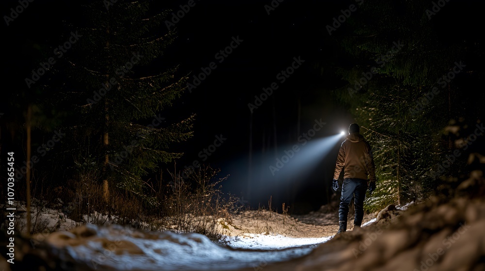 Obraz premium Man shining a flashlight toward the sky in the night, creating a beam of light that cuts through the darkness, evoking a sense of adventure or exploration under the stars
