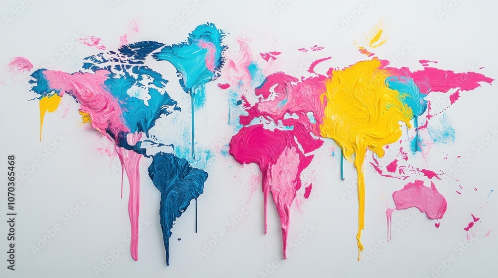 Fototapeta premium A detailed mural of a world map features vibrant pink, yellow, and blue paint. The artistic design shows melting paint drips, enhancing the colorful presentation in a creative space.