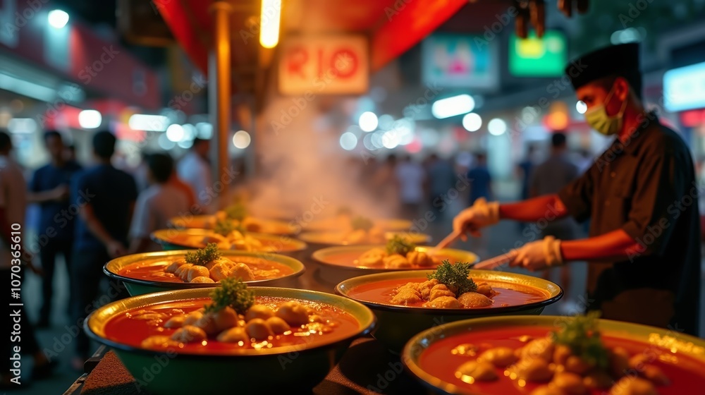 Bustling Indonesian Street Food Stall Serving Steaming Bowls of Bakso in Lively Urban Market Bustling Indonesian Street Food Stall Serving Steaming Bowls of Bakso in Lively Urban Market