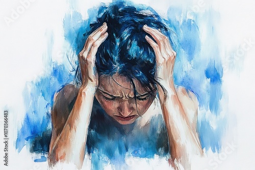 Despairing Woman with Blue Hair - Emotional Watercolor Portrait of Sadness and Anguish