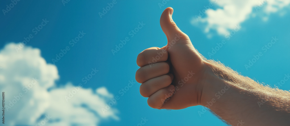 Hand giving a thumbs up against a blue sky Hand giving a thumbs up against a blue sky