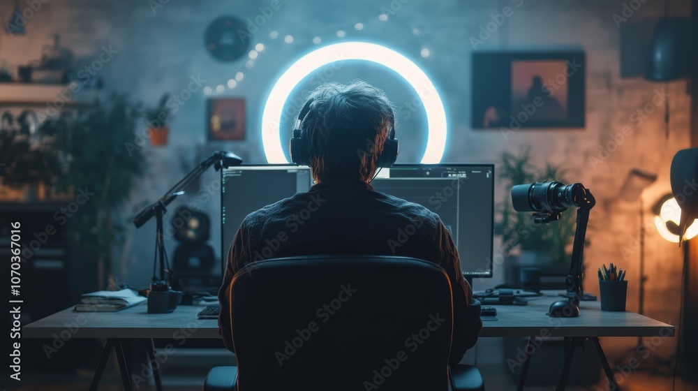 Back View of a Male Streamer in a Professional Studio with Ring Light and Dual-Monitor Setup, Showcasing Modern Video Production Workspace with Soft Ambient Lighting Back View of a Male Streamer in a Professional Studio with Ring Light and Dual-Monitor Setup, Showcasing Modern Video Production Workspace with Soft Ambient Lighting