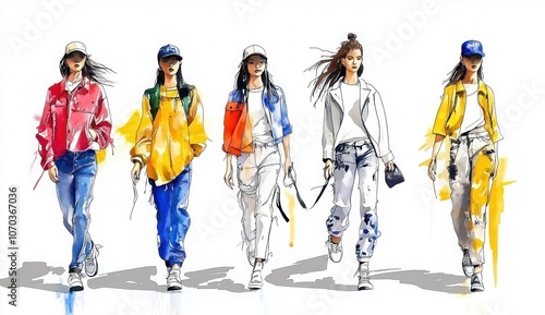 Modern Streetwear Catwalk: Sketch of Six Female Models in Graffiti-Style Ink and Watercolor Illustration photo