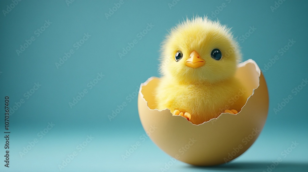 A cute fluffy yellow chick sitting inside a cracked eggshell on a blue background. A cute fluffy yellow chick sitting inside a cracked eggshell on a blue background.