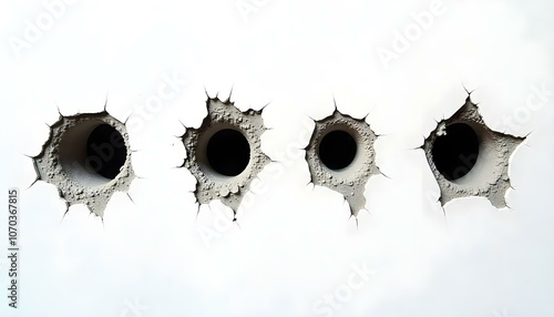 Bullet holes shot into a concrete wall on a plain white background.