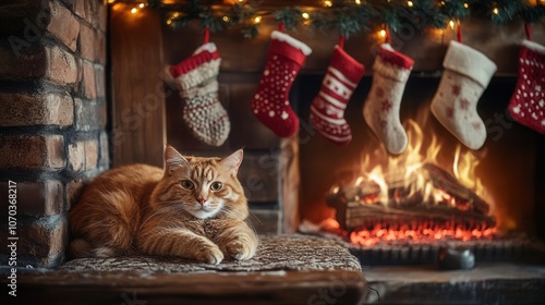 Cozy Christmas Eve with a cat relaxing by the warm fireplace and festive stockings