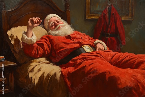 Santa Claus resting comfortably in a cozy bedroom after a long night of delivering gifts on Christmas Eve. Generative AI