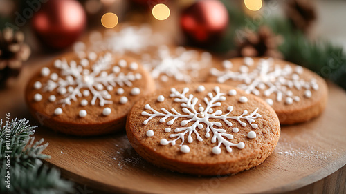 Decorated gingerbread cookies with snowflake designs arranged on a wooden platter during the holiday season