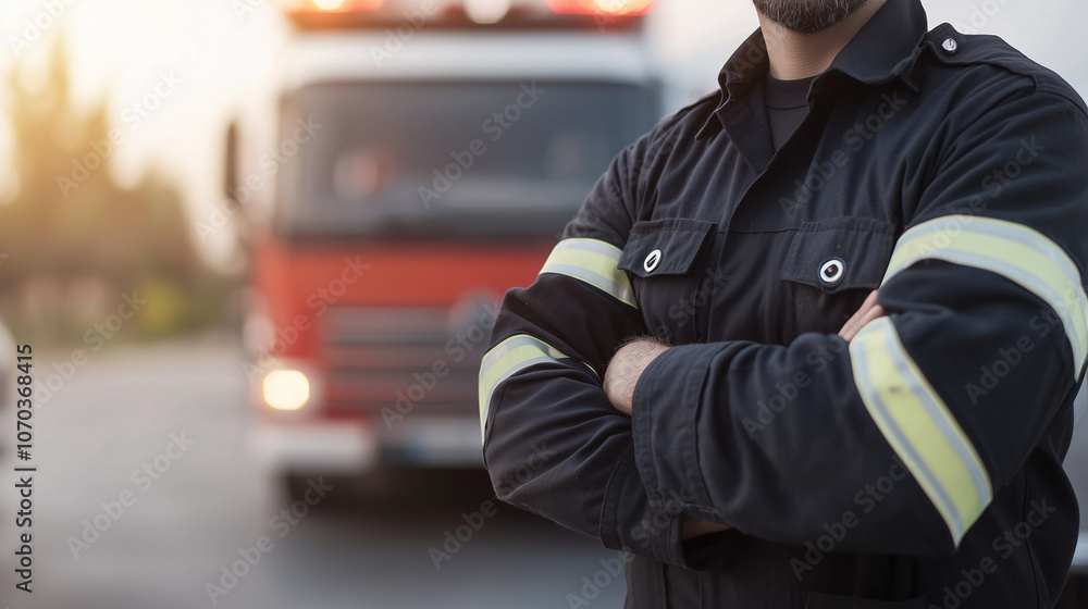 Firefighter in Uniform Next to Fire Truck Promoting Public Safety Firefighter in Uniform Next to Fire Truck Promoting Public Safety