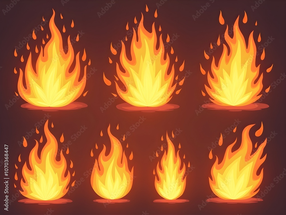Set of illustrations of burning fire different shapes Set of illustrations of burning fire different shapes