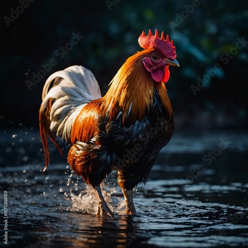 Beautiful elegant rooster with shining eyes on black background running towards the water. Cinematic high resolution photo