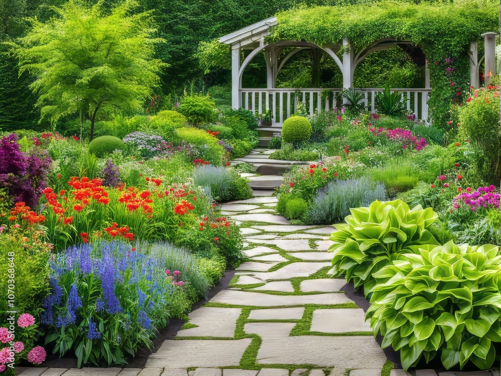 Obraz premium Sunny garden path with flowers and trees