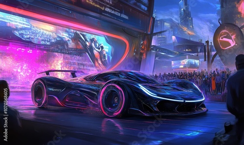 Futuristic sports car on neon city street.