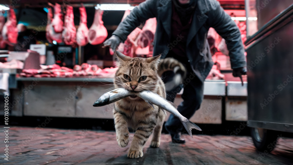 A cat is running with a fish in its mouth. The cat is in a market with meat hanging from the ceiling A cat is running with a fish in its mouth. The cat is in a market with meat hanging from the ceiling