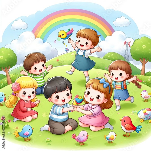 Children playing together: Children are often seen as symbols of innocence and kindness.   . illustration