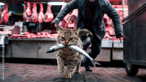 A cat is running with a fish in its mouth. The cat is in a market with meat hanging from the ceiling