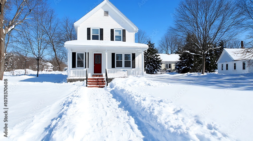 Snowy Winter Day with White House and Red Door Snowy Winter Day with White House and Red Door