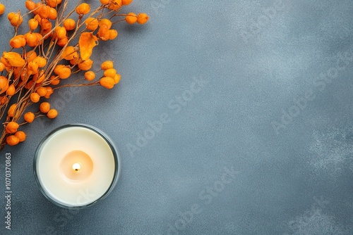 A candle is lit on a table with a vase of white flowers. , with ample copy space for text.