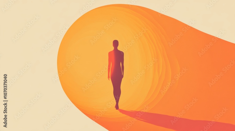 Silhouette walking into bright light at end of tunnel representing hope, future, and rebirth Silhouette walking into bright light at end of tunnel representing hope, future, and rebirth