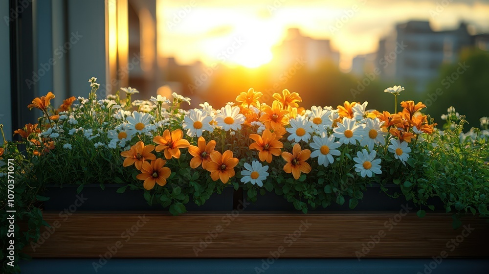 A luxury rooftop balcony filled with sleek flower boxes of lilies and daisies, captured in stunning 4K. A luxury rooftop balcony filled with sleek flower boxes of lilies and daisies, captured in stunning 4K.