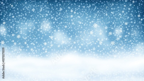 Elegant abstract winter snow background featuring falling snowflakes and bokeh lights on a soft blue gradient. Perfect for Christmas, New Year, or festive seasonal designs with a dreamy, blurred atmos