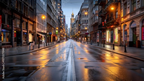 A serene urban street at dawn, reflecting lights and buildings after rain.