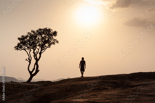 Solitary Figure Walking by Tree at Sunset in India