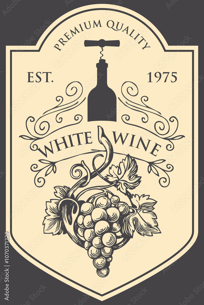 Fototapeta premium Wine label with a bunch of grapes, bottle with corkscrew and inscriptions in retro style. Vector hand-drawn label with curlicues on white background