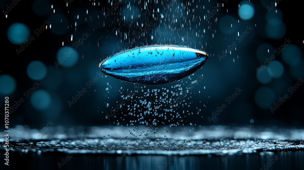 Blue Water Drop Splashing on Dark Background with Bokeh Lights Blue Water Drop Splashing on Dark Background with Bokeh Lights