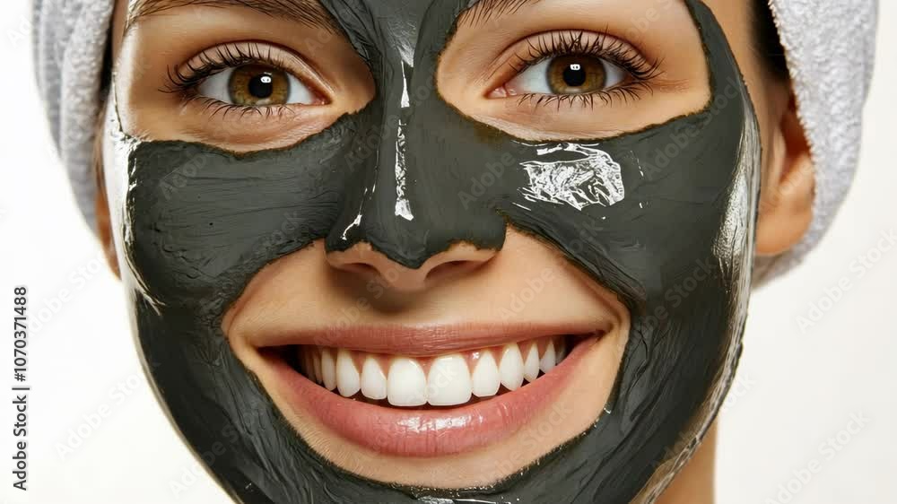 A woman smiles while wearing a black charcoal face mask A woman smiles while wearing a black charcoal face mask