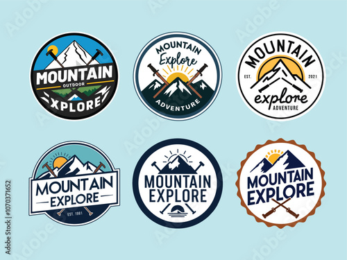 A collection of circular badge outdoor logos for Mountain explore