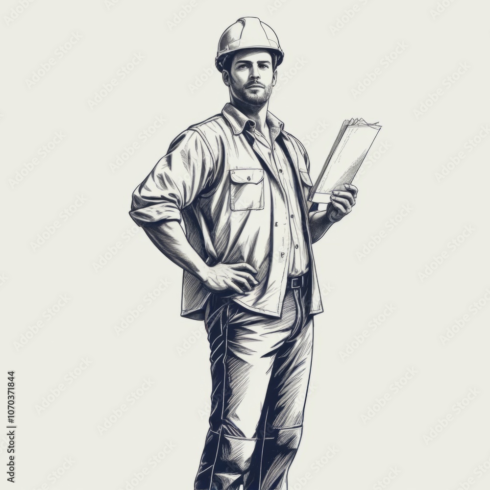 A construction worker stands confidently on a job site in safety gear while reviewing plans during daylight hours A construction worker stands confidently on a job site in safety gear while reviewing plans during daylight hours
