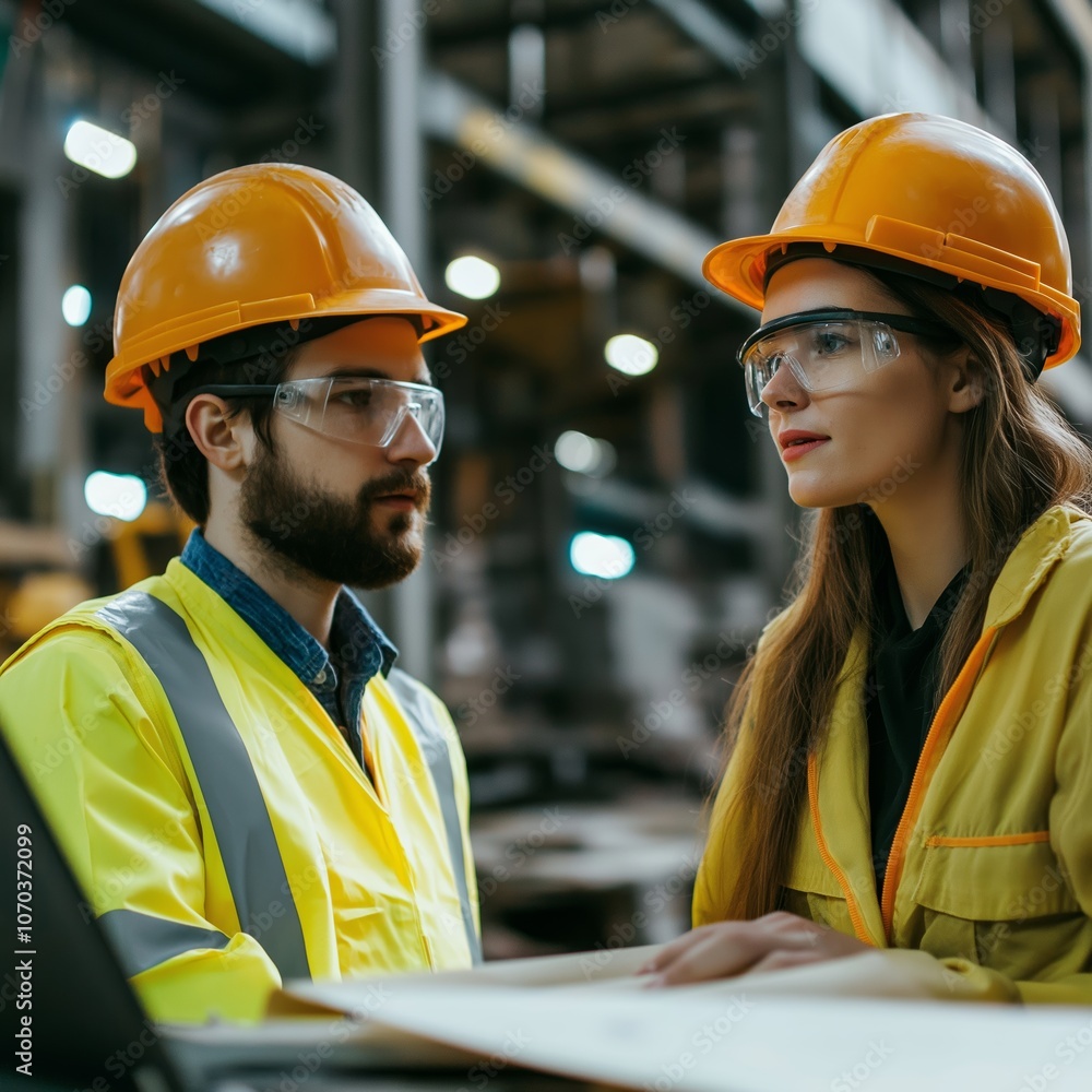 A male and female construction workers in hard hats reviewing plans, symbolizing cooperation and teamwork. A male and female construction workers in hard hats reviewing plans, symbolizing cooperation and teamwork.