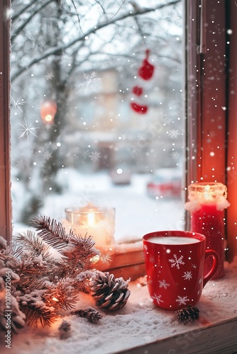 A cozy red mug with candles and snow on the window ledge, creating a warm winter ambiance. photo