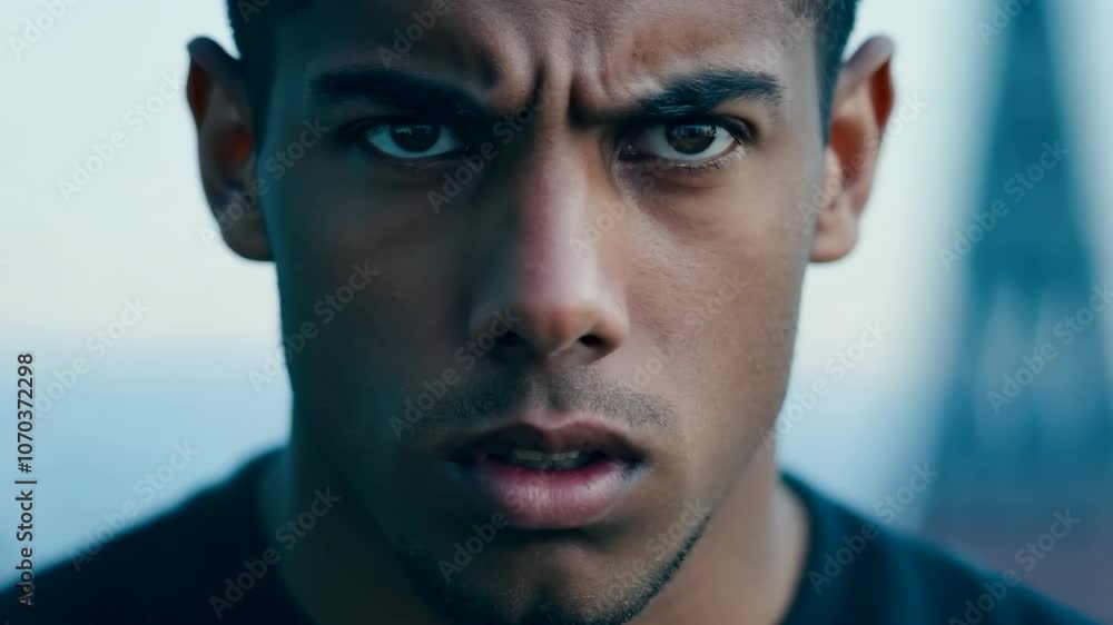Young man with Intense, angry expression in soft blue light, emphasizing emotional depth and psychological themes. Young man with Intense, angry expression in soft blue light, emphasizing emotional depth and psychological themes.