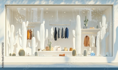 Shop window display with clothes and cacti.
