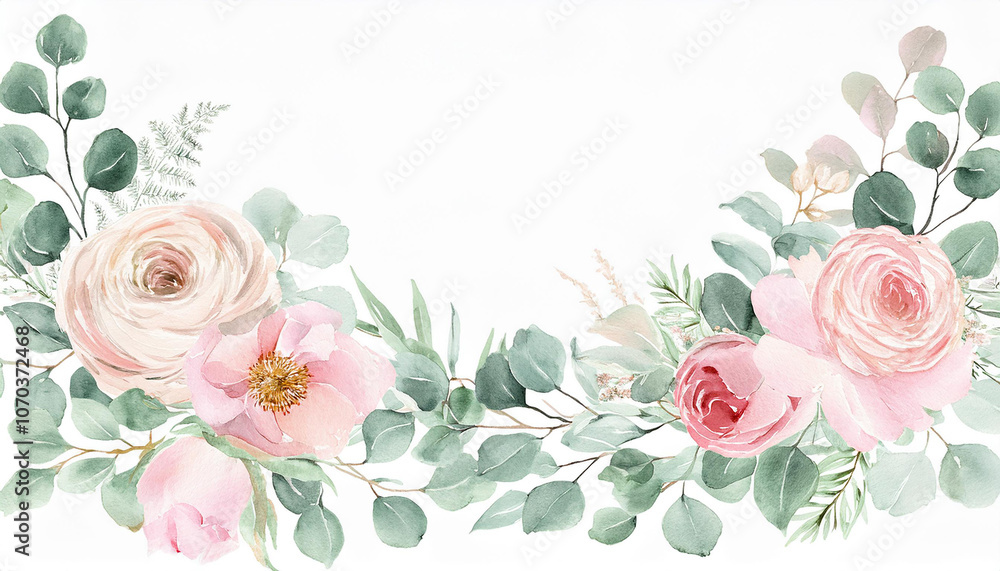 custom made wallpaper toronto digitalWatercolor painting of floral frame. Pink flowers and eucalyptus border. Beautiful hand drawn art.