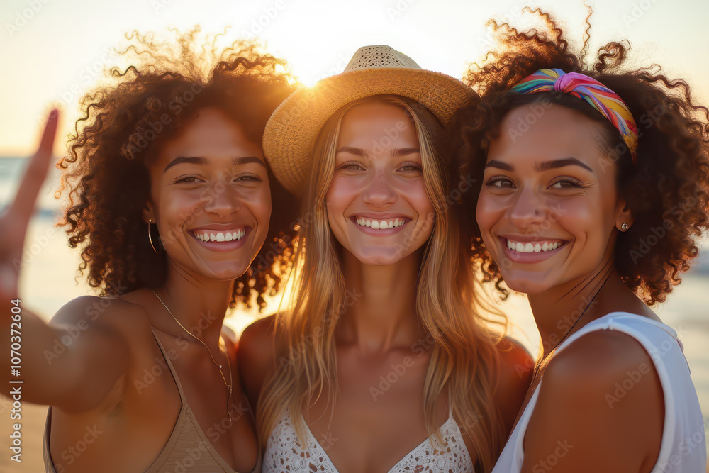 Three young women take a selfie on a sunny beach, showcasing joy, friendship, and happiness in a carefree mood. Three young women take a selfie on a sunny beach, showcasing joy, friendship, and happiness in a carefree mood.