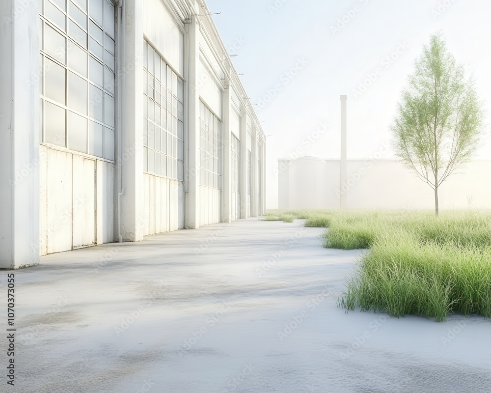 Obraz premium A large white building with a white garage door and a tree in front of it