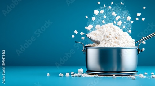 Flour Pouring into a Pot on a Blue Background Cooking Baking Kitchen Ingredient